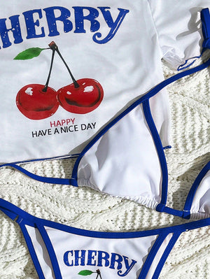 Maillot trois pièces Cala avec motif cerises, haut triangle et allure estivale colorée, Guappaa