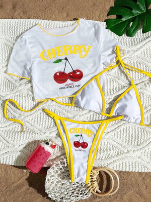 Maillot Cala à imprimé cerises avec haut triangle, vue portée lumineuse pour plage et piscine, Guappaa