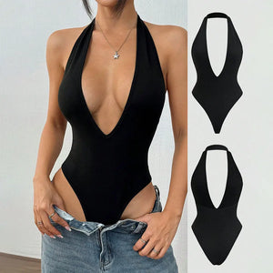 Top noir L’Éclipse Guappaa avec col V coupe ajustée et dos dégagé pour femme