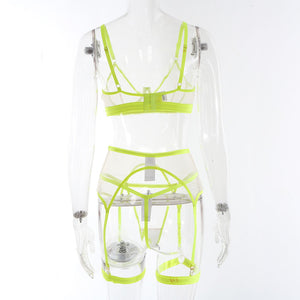 Bellevue Ensemble porte-jarretelles string soutien-gorge lingerie transparente trois pièces - GUAPPAA