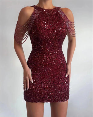Robe courte à sequins et chute de strass sur les épaules Glossy - GUAPPAA