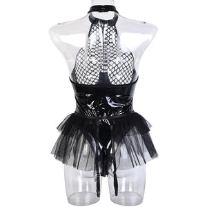 Body string latex seins nus résille à tirette et anneaux jupette frou-frou Hello Paris - GUAPPAA