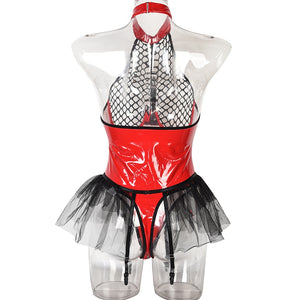 Body string latex seins nus résille à tirette et anneaux jupette frou-frou Hello Paris - GUAPPAA