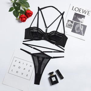 Ensemble lingerie érotique noir deux pièces transparent à ficelles L'intimité - GUAPPAA