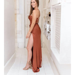 Robe corset plissée longue fendue satinée bretelles spaghetti élégante Elite - GUAPPAA