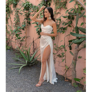 Robe corset plissée longue fendue satinée bretelles spaghetti élégante Elite - GUAPPAA