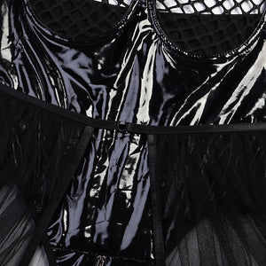 Body string latex seins nus résille à tirette et anneaux jupette frou-frou Hello Paris - GUAPPAA