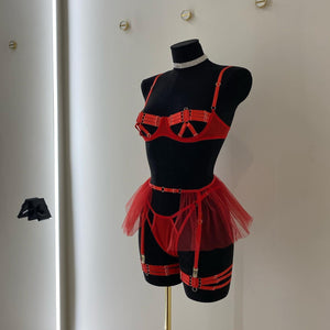 Ensemble de lingerie à bandes sexy transparent à frou-frou Sainte Vierge rouge ou rose S M L - GUAPPAA