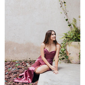 Robe corset plissée longue fendue satinée bretelles spaghetti élégante Elite - GUAPPAA