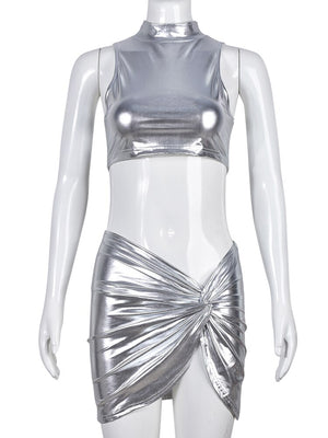 Ensemble sexy deux pièces jupe fendue plissée et crop top argenté tenue Coachella - GUAPPAA