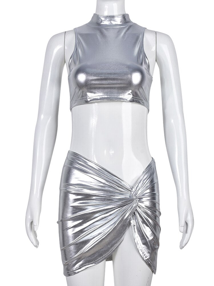 Ensemble sexy deux pièces jupe fendue plissée et crop top argenté tenue Coachella - GUAPPAA