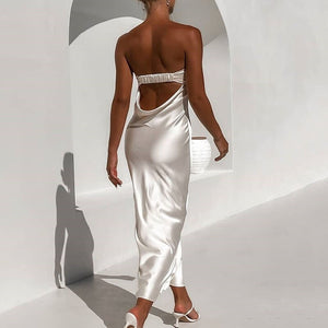 Robe cocktail spaghetti satinée longue sans bretelles S M L Chic Brunch - GUAPPAA