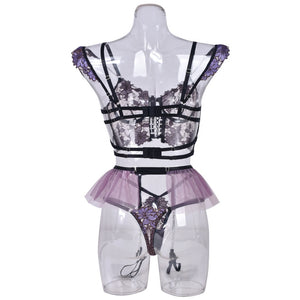 Ensemble lingerie sexy fleuri et frou-frous avec porte-jarretelles Violette - GUAPPAA
