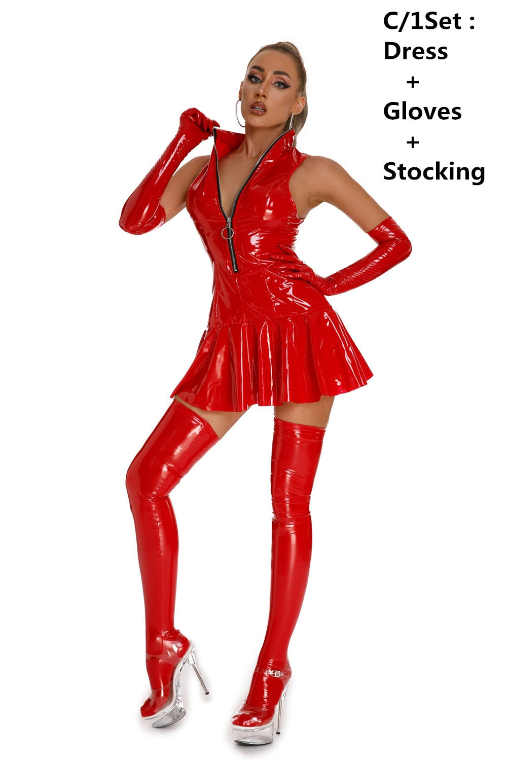 Tenue sexy latex vinyle simili ensemble robe gants et bas BCM - GUAPPAA
