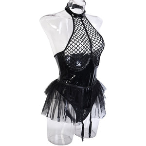 Body string latex seins nus résille à tirette et anneaux jupette frou-frou Hello Paris - GUAPPAA