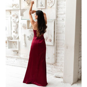 Robe corset plissée longue fendue satinée bretelles spaghetti élégante Elite - GUAPPAA