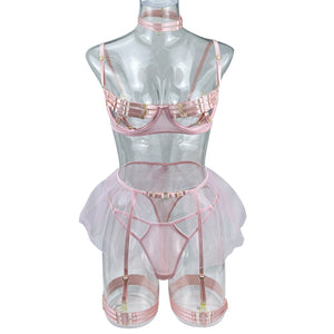 Ensemble de lingerie à bandes sexy transparent à frou-frou Sainte Vierge rouge ou rose S M L - GUAPPAA