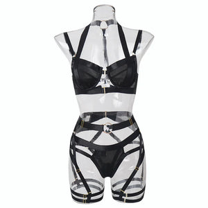 Ensemble lingerie sexy femme à bandes quatre pièces glamour L'Evidence - GUAPPAA