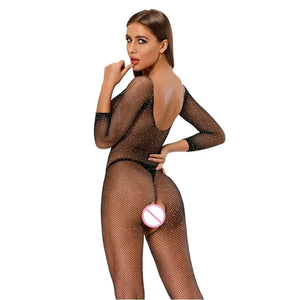 Shinning – Combinaison Résille Strass Manches Longues – Femme portant un body résille noir transparent avec strass