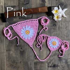 Micro bikini string ficelle crochet extrême deux pièces tricoté main Paquerettes - GUAPPAA