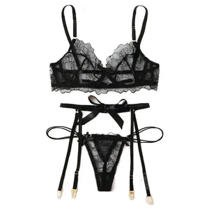 Lingerie sexy ensemble trois pièces noir porte-jarretelles string soutien-gorge Espiègle - GUAPPAA