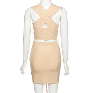 Ensemble clubwear vinyle mini jupe et crop top croisé ouvert sexy Réserve - GUAPPAA