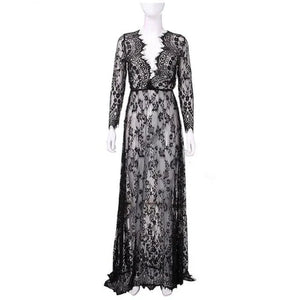 XS-3XL Robe dentelle transparente lingerie à manches longues Nuit Rouge - GUAPPAA