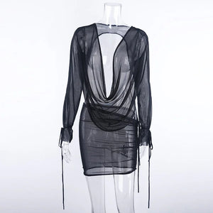 Mini robe décolleté plongeant plissé S M L XL manches longues transparente clubbing soirée Malaga - GUAPPAA