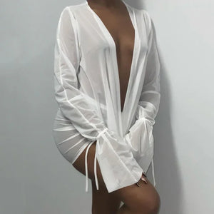 Mini robe décolleté plongeant plissé S M L XL manches longues transparente clubbing soirée Malaga - GUAPPAA