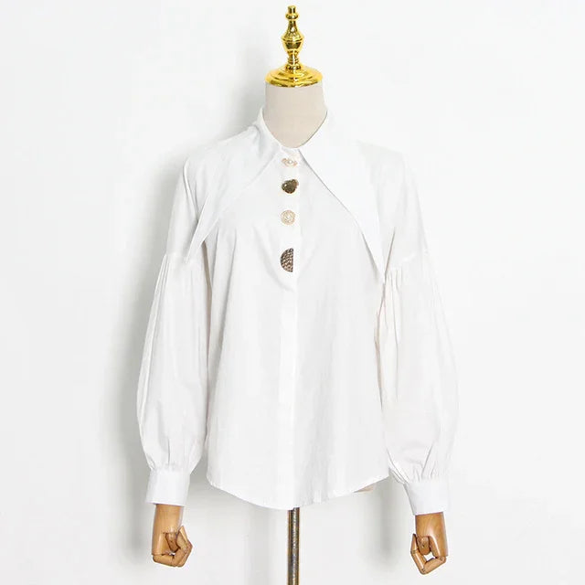 XS/S/M Chemisier oversize femme blanc vintage à col long pointu et boutons dorés Contour - GUAPPAA