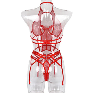 Ensemble lingerie sexy bustier string et porte-jarretelles rouge noir Le Pigalle - GUAPPAA