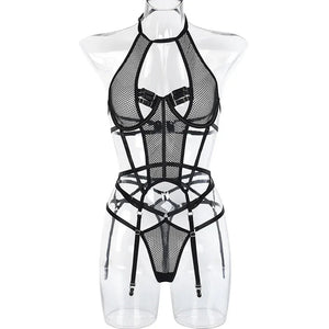Ensemble lingerie sexy bustier string et porte-jarretelles rouge noir Le Pigalle - GUAPPAA