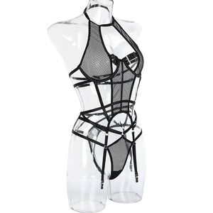 Ensemble lingerie sexy bustier string et porte-jarretelles rouge noir Le Pigalle - GUAPPAA