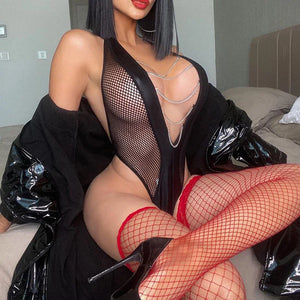 S M L Body string vinyle noir et résille à chaînettes décolleté profond Guarda - GUAPPAA