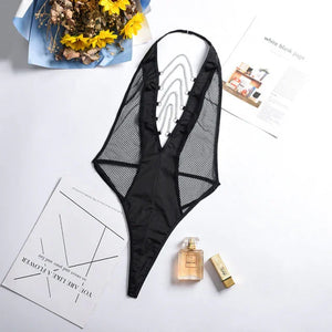 S M L Body string vinyle noir et résille à chaînettes décolleté profond Guarda - GUAPPAA