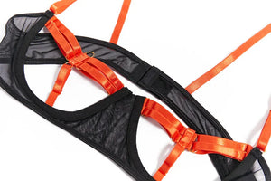 Ensemble lingerie luxe érotique à bandes cinq pièces ouvert sexy orange et noir Elle Diablo - GUAPPAA