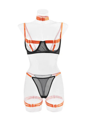 Ensemble lingerie luxe érotique à bandes cinq pièces ouvert sexy orange et noir Elle Diablo - GUAPPAA