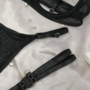 Ensemble lingerie luxe érotique à bandes cinq pièces ouvert sexy orange et noir Elle Diablo - GUAPPAA