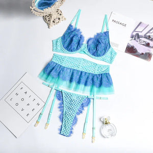 L'emprise S M L lingerie sensuelle transparente trois pièces chic glamour bleu rose - GUAPPAA