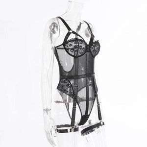 Body sexy string tanga dentelle porte-jarretelles satiné rouge noir Température de Nuit - GUAPPAA