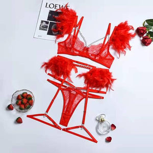 XS-L Ensemble lingerie trois pièces à chaînettes et plumes érotique Feu Nocturne - GUAPPAA