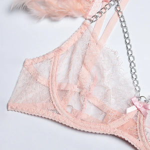 XS-L Ensemble lingerie trois pièces à chaînettes et plumes érotique Feu Nocturne - GUAPPAA