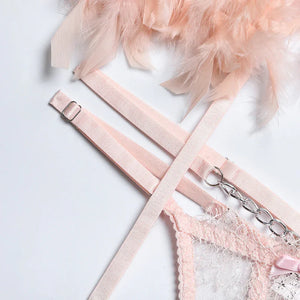 XS-L Ensemble lingerie trois pièces à chaînettes et plumes érotique Feu Nocturne - GUAPPAA