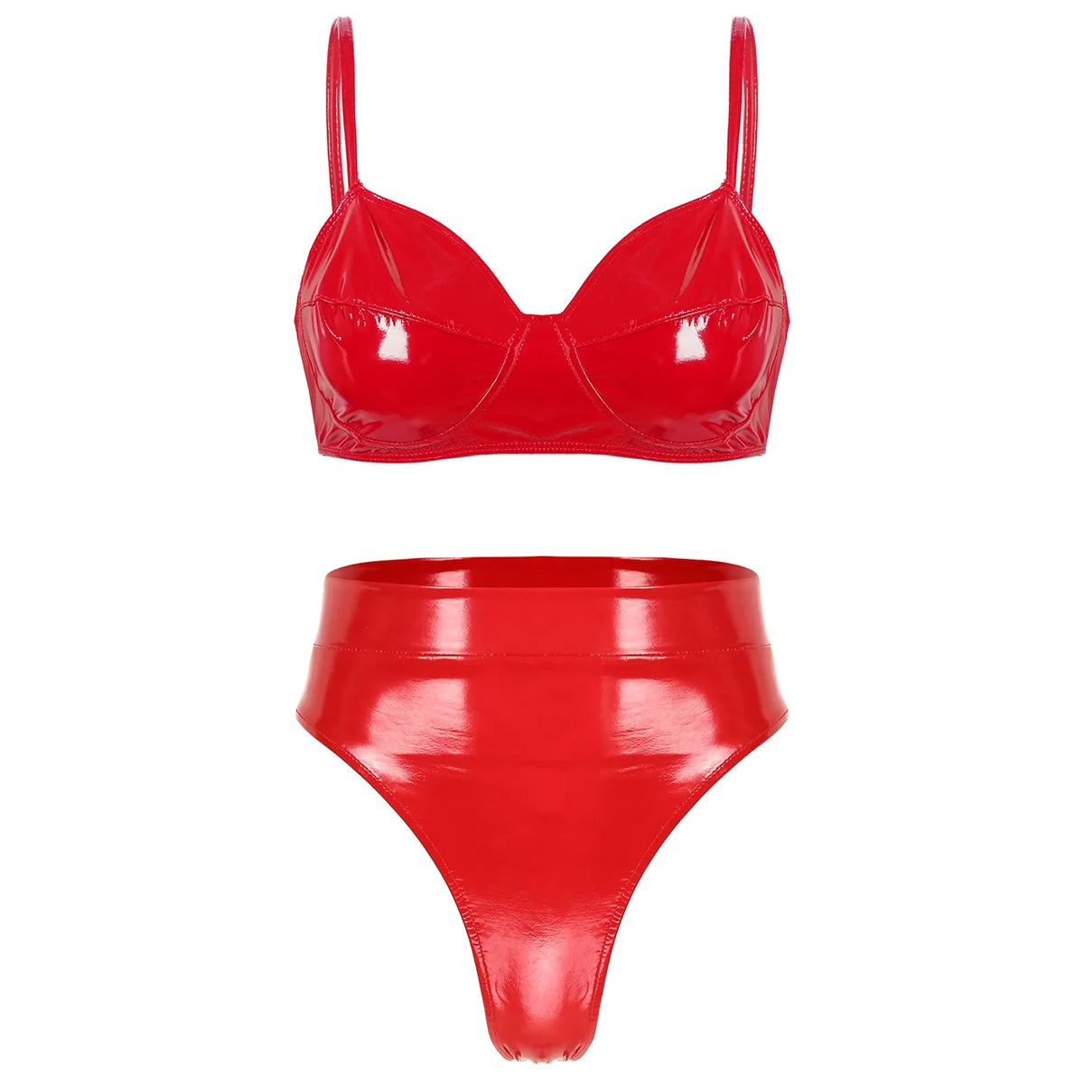 Ensemble Libertina en simili latex noir avec string taille haute et soutien-gorge