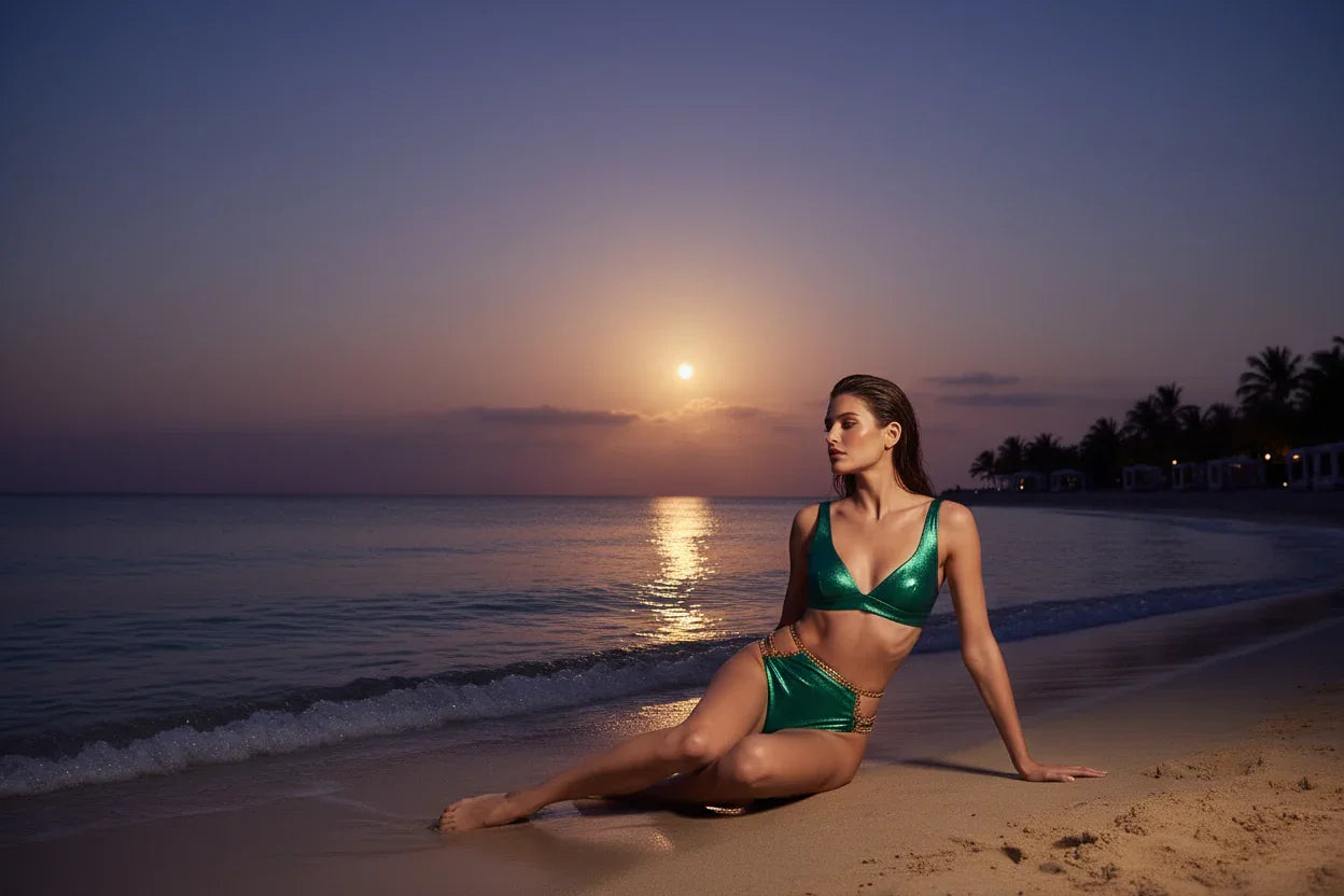 Femme en bikini vert GUAPPAA sur la plage au coucher du soleil, maillot de bain tendance