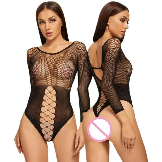 Body résille noir transparent avec coupe string et ouverture