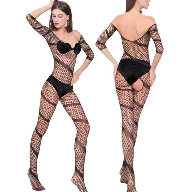 Combinaison résille sexy Bandee à bandes, modèle noir
