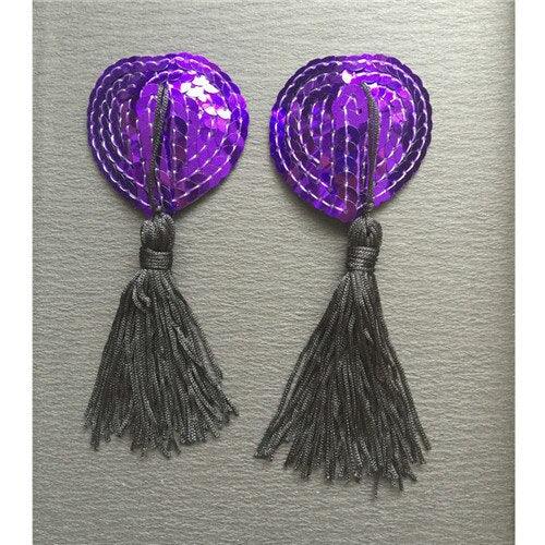 Cache-tétons cœur violet et noir à pompons Libertador