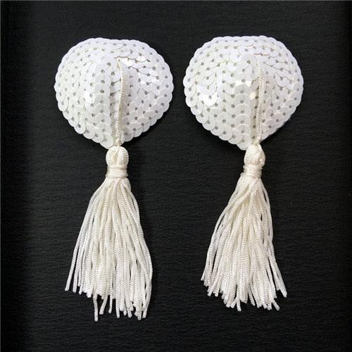 Cache-tétons blancs en forme de cœur avec pompons Liberta