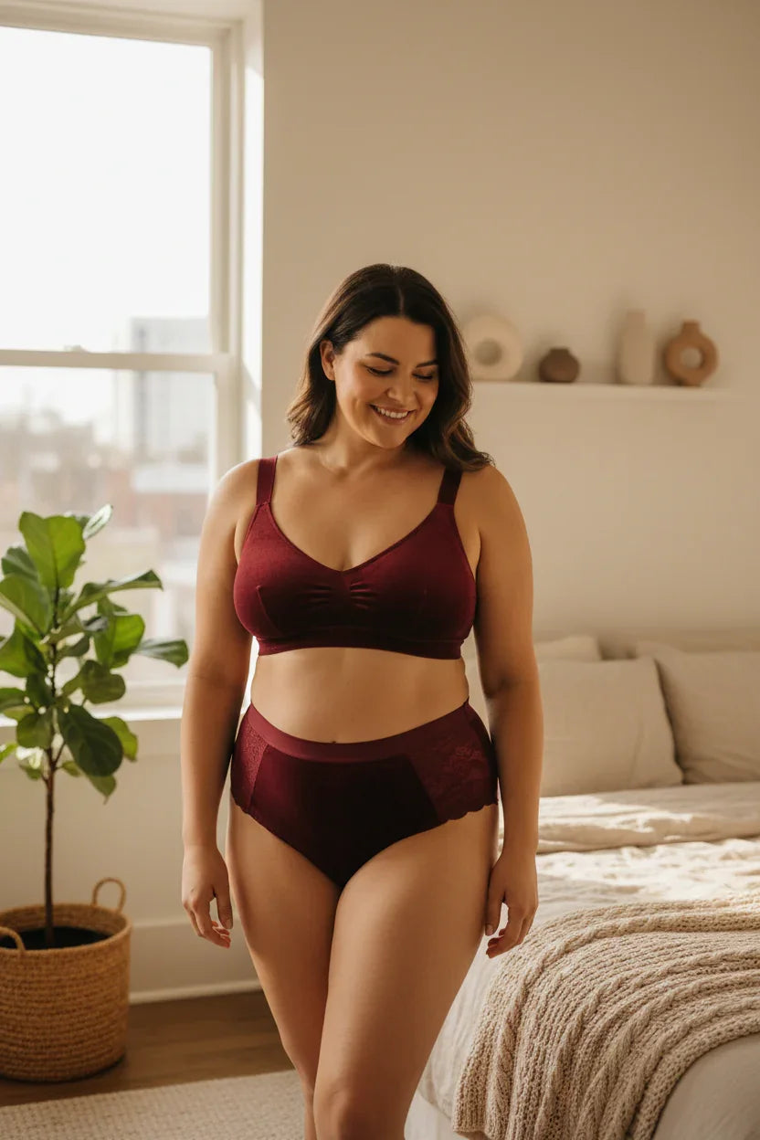 Femme souriante en lingerie bordeaux, dans une chambre lumineuse, collection GUAPPAA